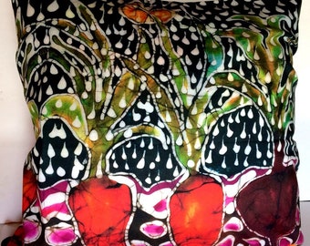 Garden Pillow Raindrops  -  Summer Rain on Garden     Throw Pillow - 16.5" x 16.5"  - Batik art fabric - Decorative pillow