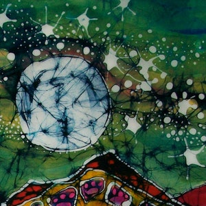 May include: Abstract batik painting with a large white circle in the center, surrounded by green, blue, and white swirls and dots. The bottom of the painting features a red, yellow, and black design with pink accents.