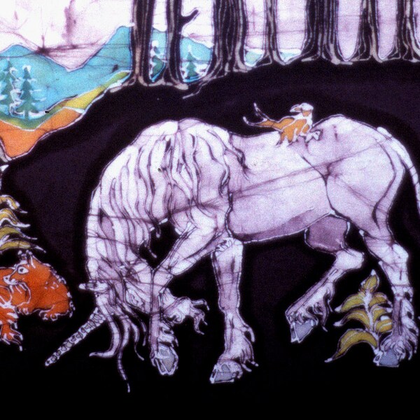 Unicorn in Woods with Fox and Bird - Photo batik print from original - matted wall art