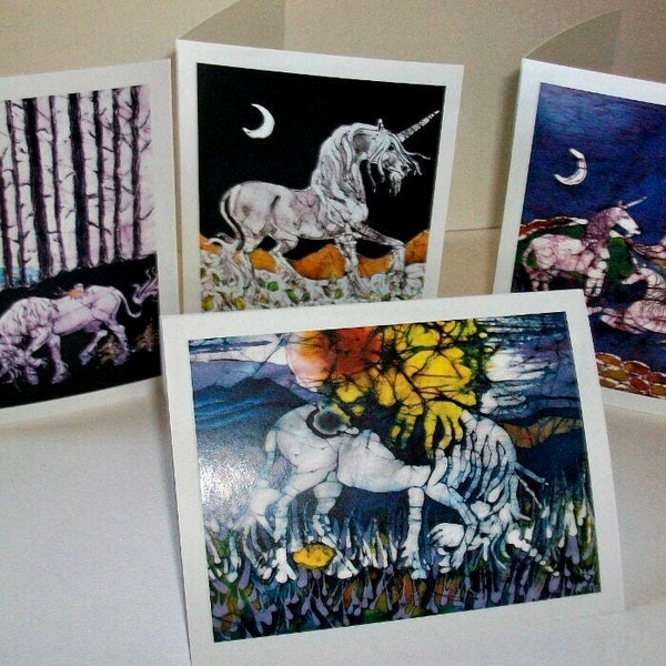 Batik Unicorn Cards 2  -   Unicorn Born, Unicorn in Woods, Unicorns Below Castle, Unicorn in Flower Field -  4 blank art cards