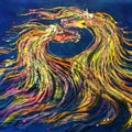Horses Merge in the Wind  - horses Manes abstract - Original batik painting