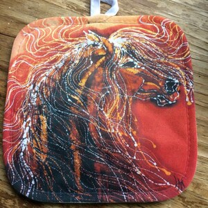 Horses pot holders  from my original batik, thermal backing      fabric  8&quot; x 8”