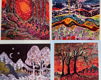 Vibrant Glow Landscape Cards - Batik art cards  Awaken Woodland, Vegetables After the Thunderstorm, Evening in a Gentle Place, River Sunrise