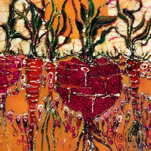 May include: A batik painting depicting a stylized heart with roots and a sunset in the background. The heart is a deep pink color with white and black details. The roots are white and black and extend from the heart. The sunset is orange and yellow with white and black details. The painting is on a white background.