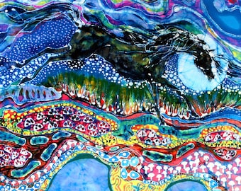 Horse fabric  - - batik fabric for pillow  -  fabric artist supply  - Applique quilt panel