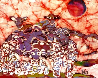 Sheep Herd at Sunset - matted print from original batik