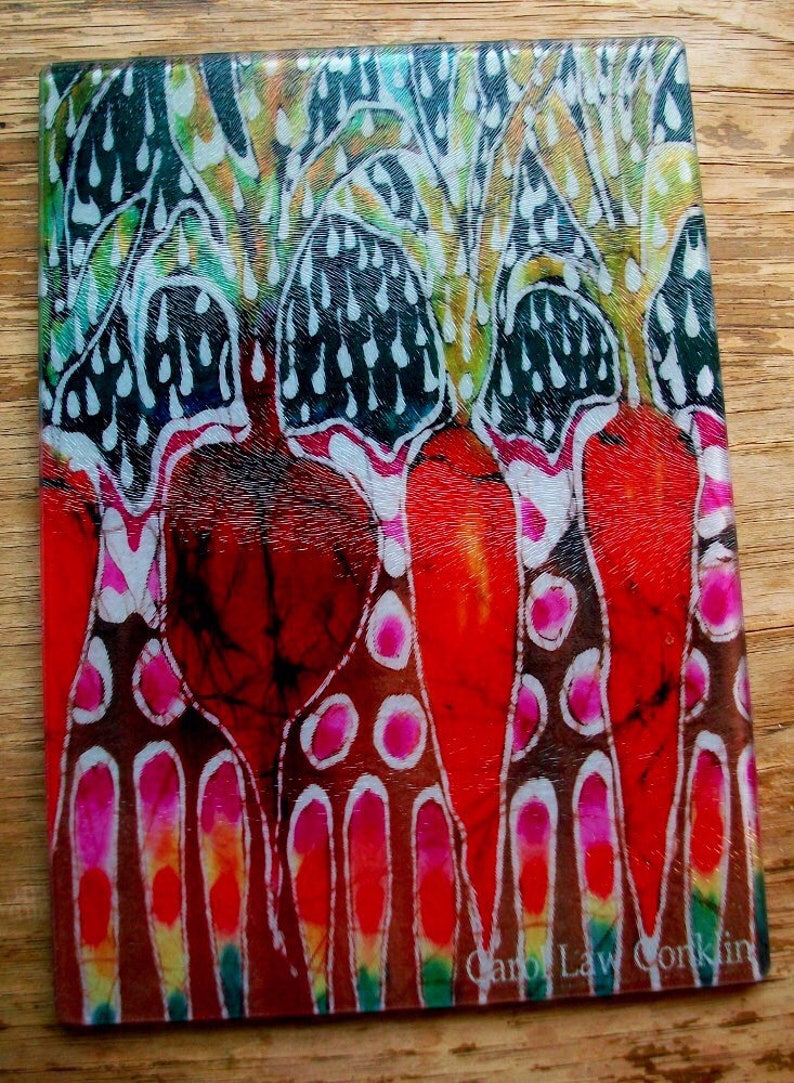 8 x 11 Garden Rain Cutting Board Detail from original batik by Carol Garden in Summer rain
