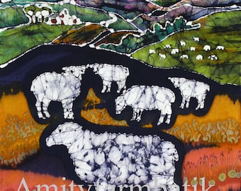 Sheep at Midnight   - matted print from original batik - pasture - flock