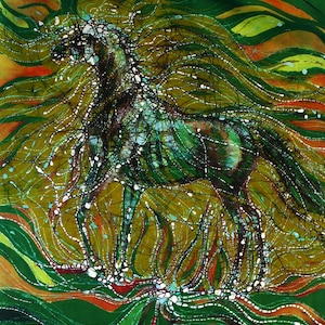 May include: Abstract batik painting of a horse in shades of green, brown, and white. The horse is surrounded by swirling lines and dots, creating a sense of movement and energy.