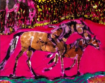 Mare and foal in Pink Field vertical  -   print from original batik