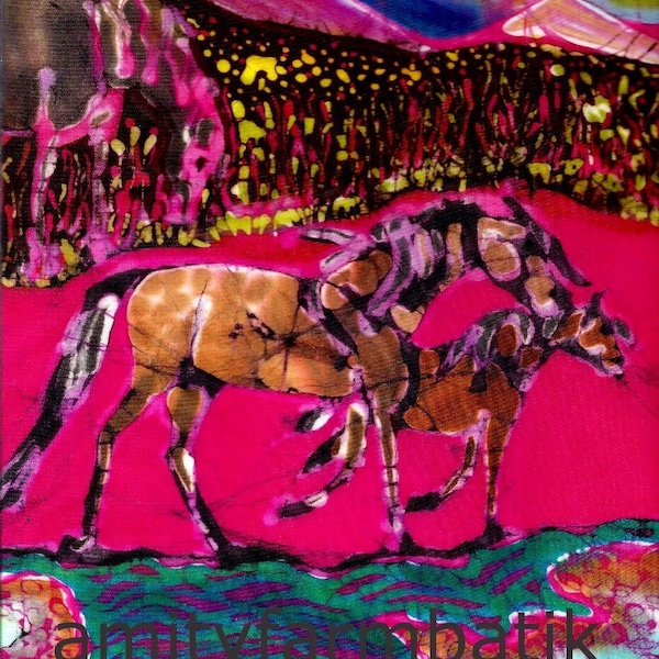 Mare and foal in Pink Field vertical  -   print from original batik