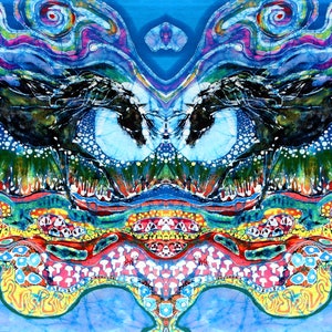 May include: Abstract artwork with a symmetrical design. The image features a vibrant mix of colors, including blues, greens, reds, and yellows. The artwork has a watercolor-like appearance, with flowing lines and organic shapes. The overall theme is nature-inspired.