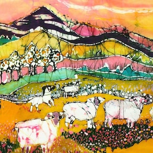 Sheep on Sunny Summer Day detail 1 print from original batik image 1