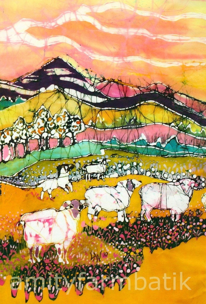 Sheep on Sunny Summer Day detail 1 print from original batik image 1