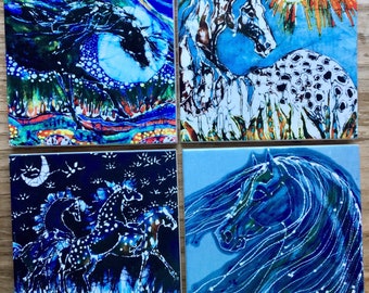 Blue Horse Trivet -  selection of four batik on Ceramic tile - from original batik - horse art