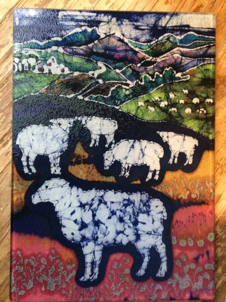 Sheep Cutting Board 8 x 11 Sheep at Midnight Detail from original batik by Carol