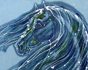 Horse art fabric - Horse With Windblown Mane -  fabric art Supply   batik  Quilting
