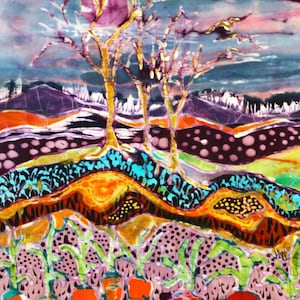 May include: Abstract batik painting with a vibrant color palette. The painting features a landscape with trees, hills, and a field of carrots. The colors are bright and bold, with shades of orange, yellow, green, purple, and blue.