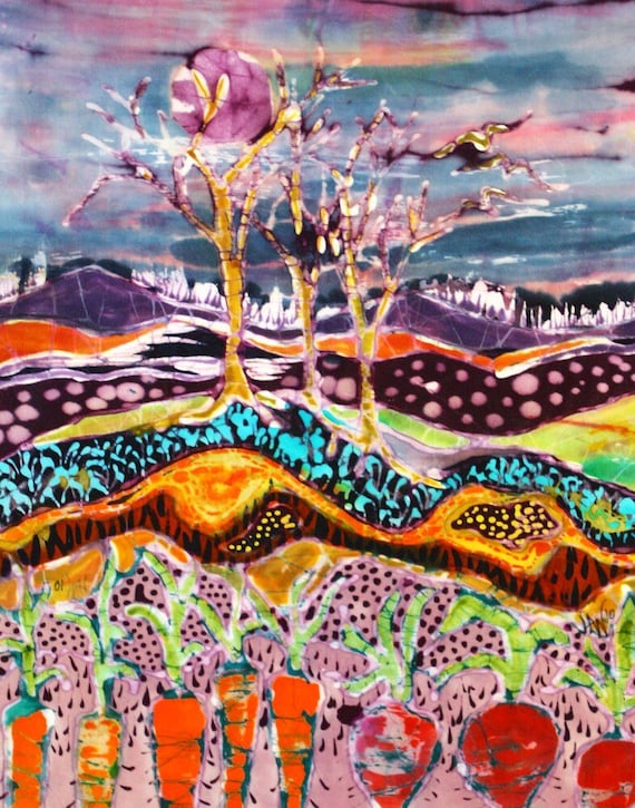 Vegetable Garden Batik Cotton Fabric: "Vegetables After The Thunderstorm" Art Panel