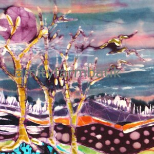 May include: Abstract batik painting with a purple, yellow, and blue color scheme. The painting depicts a landscape with trees and a large purple circle in the upper left corner. The text "amityfarmbatik" is visible in the center of the painting.