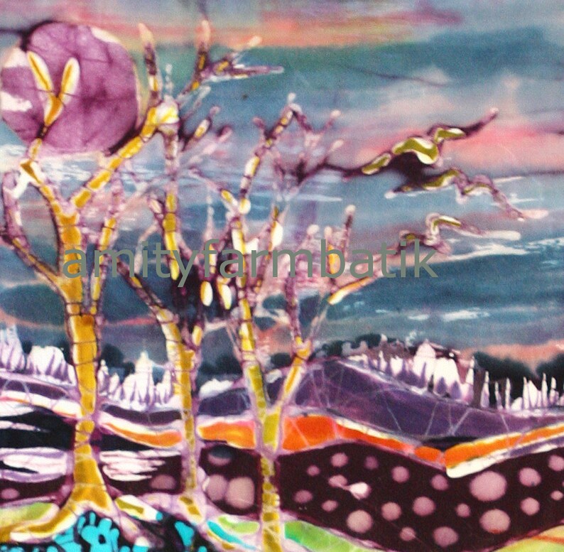 May include: Abstract batik painting with a purple, yellow, and blue color scheme. The painting depicts a landscape with trees and a large purple circle in the upper left corner. The text "amityfarmbatik" is visible in the center of the painting.