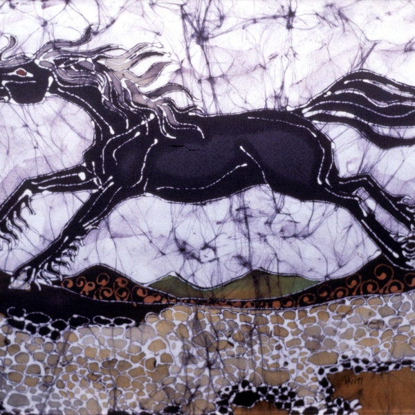 Horse fabric  Black Stallion Gallops Above Stones - fabric swatch from original batik -  quilting 12" x 16"