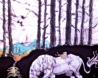 Unicorn fabric - "Unicorn in Woods with Fox & Bird" -  batik cotton art fabric  - Fabric art supply - "The Last Unicorn" inspired