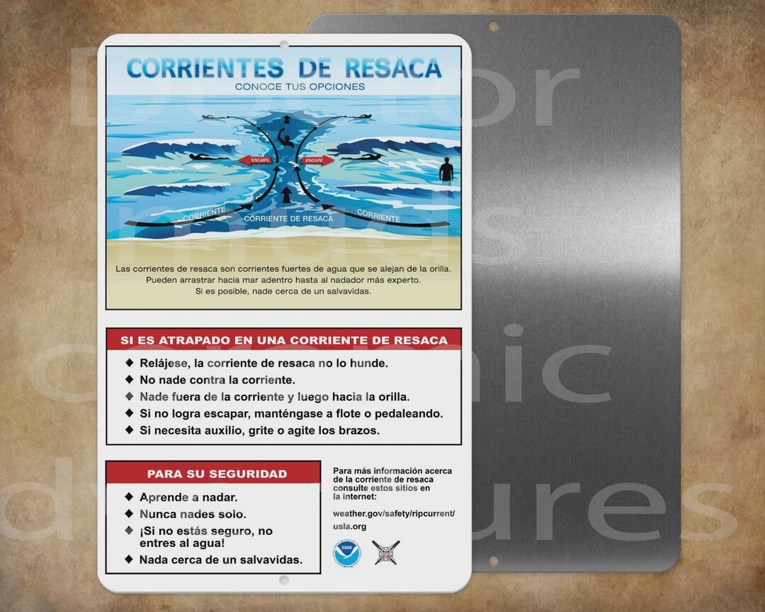 Spanish Rip Ricky Water Larger RIP CURRENTS Spanish Espanol Version Warning Rip Tide 12x18 ...