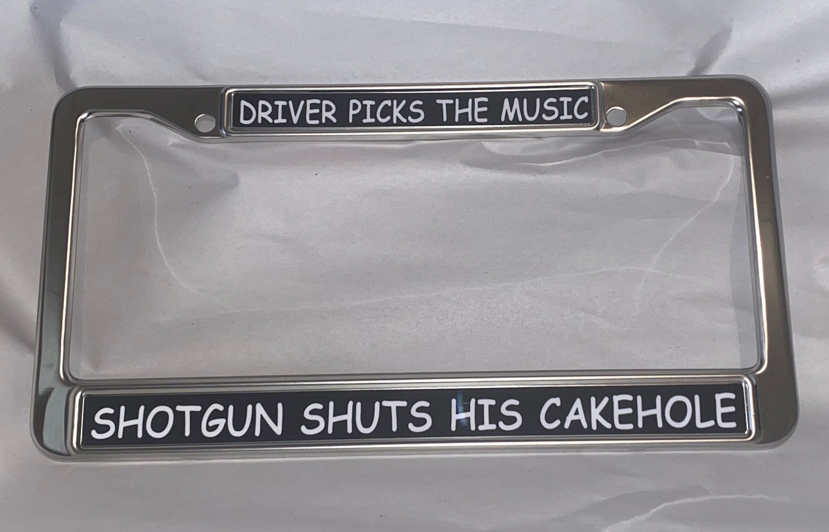 'Driver Picks Music Shotgun Shuts Their Cake Hole' License Plate Frame - Black, Stainless Steel, Supernatural Fan Gift - View #11