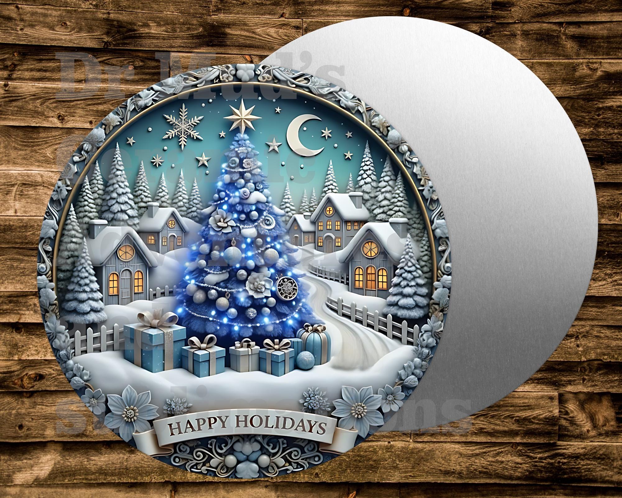 Pretty Happy Holidays Blue Tree Winter Neat Metal Sign for Wreaths