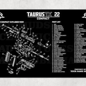 Puede incluir: Alfombrilla negra con un diagrama detallado de vista explosionada de un arma de fuego Taurus TX22 Compact, incluyendo una lista de piezas. El texto incluye "TX22 Compact Exploded View" y "Taurus TX22 Compact".