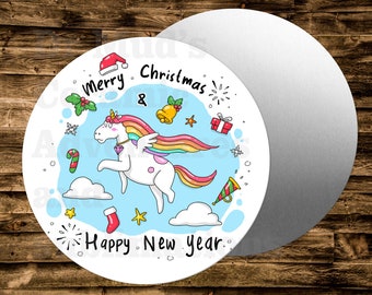 Lustiges rundes Einhorn-Metallschild „Merry Christmas and Happy New Year“ für Kränze, Bastelarbeiten und Miniaturprojekte