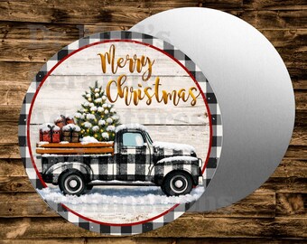 Merry Christmas Snow Truck  Round Metal sign For many uses including   Wreaths, miniatures, doll houses, model railroads  Crafts