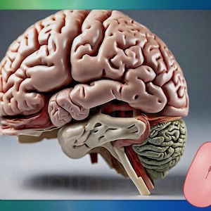 May include: A detailed anatomical model of a human brain, showcasing the cerebrum, cerebellum, and brainstem. The model is in shades of pink and beige, with red accents. A pink computer mouse is in the foreground, suggesting a digital or educational context.