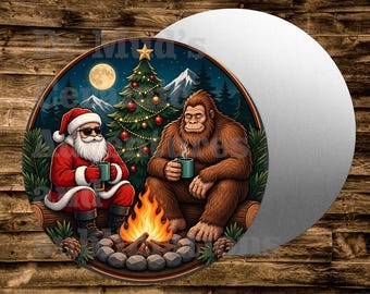Bigfoot and Santa Christmas  Round Metal sign For many uses including   Wreaths, miniatures, doll houses, model railroads  Crafts, etc.