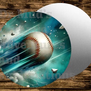 May include: A baseball with red stitching streaks through a teal and blue cosmic background. The baseball is the focal point, with a white and silver circular shape on the right side. The image has the text "Love and Creations".