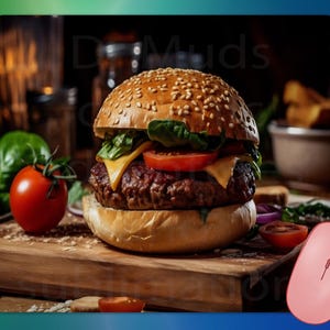 May include: A sesame seed bun burger with a beef patty, cheese, tomato, and lettuce on a wooden cutting board. A red tomato and a pink computer mouse are in the foreground. Other ingredients are in the background.