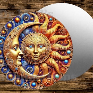 May include: A celestial-themed decorative item featuring a golden crescent moon and a sun with a face, set against a blue and orange background. The design includes intricate details and a metallic finish, with a silver disc on the right.