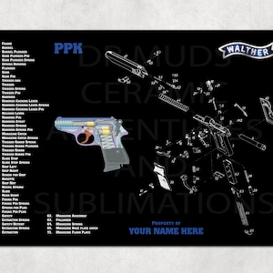 May include: Black mousepad featuring a detailed diagram of a PPK pistol, with its components labeled. The Walther logo is visible, along with the text "PPK". The diagram is in white against a black background, with a cross-section of the pistol showing internal parts.