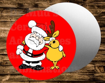 Santa and Friend Christmas  round metal sign for Wreaths Crafts & miniatures Projects