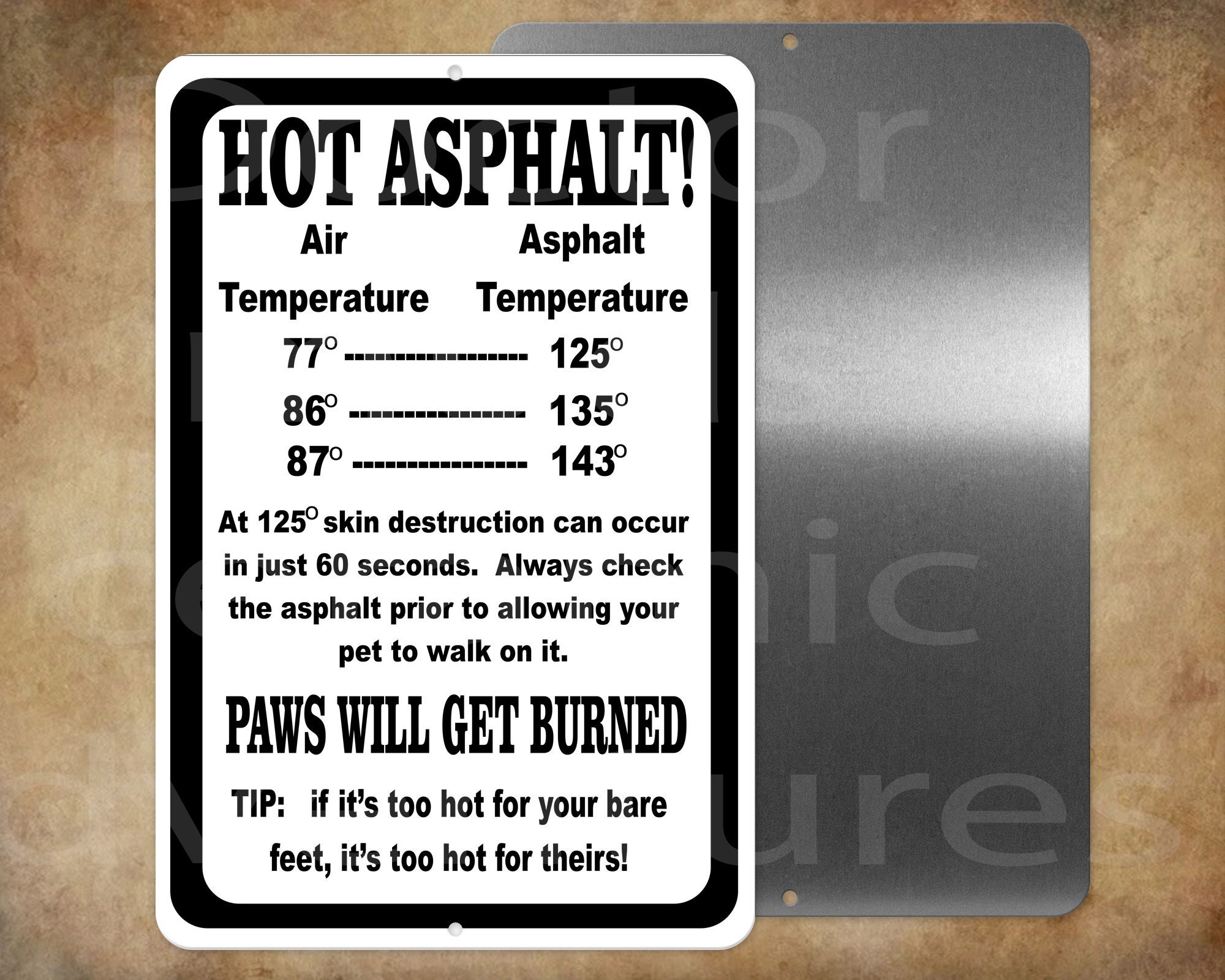 HOT ASPHALT!  Do Not Burn Pet Paws 8 x 12" metal sign