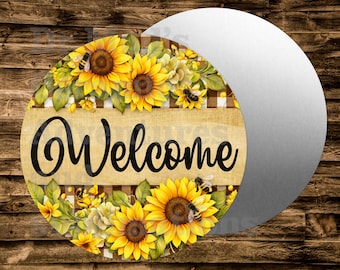 SUNFLOWER WELCOME Round Metal sign For many uses including   Wreaths, miniatures, doll houses, model railroads  Crafts