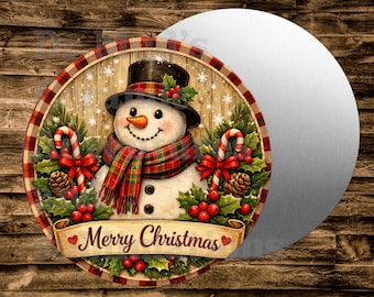 Snowman Merry Christmas Round Metal sign For many uses including   Wreaths, miniatures, doll houses, model railroads  Crafts, etc.
