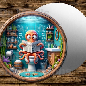 May include: A whimsical illustration of an octopus reading a newspaper while sitting on a toilet in a bathroom setting. The bathroom has a blue tile wall, a sink, and decorative shelves. The image is framed in a wooden circle.