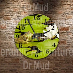 Pretty Frog laying on a lily pad in pond  metal 8" diameter wall clock