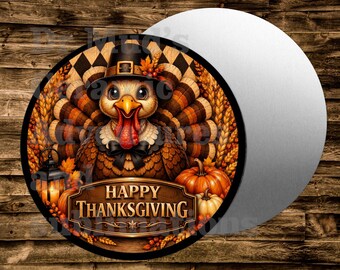 Pilgrim Turkey Thanksgiving Round Metal sign For many uses including   Wreaths, miniatures, doll houses, model railroads  Crafts