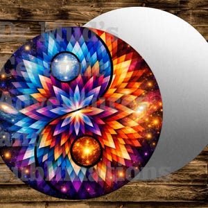 May include: A round, colorful yin-yang design with a geometric flower pattern. The design features blue, orange, and purple hues, with a galaxy-like background. A silver, circular object is partially visible.