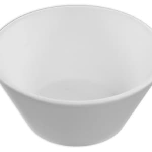 May include: A white, ceramic bowl with a simple, rounded design. The bowl has a smooth, matte finish and a slightly flared shape. The interior is empty, and the bowl is set against a white background.