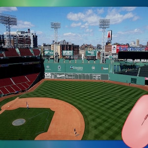 May include: A mousepad featuring a high-angle view of a baseball stadium with a green field, red seating, and a blue sky. A pink computer mouse is in the lower right corner.