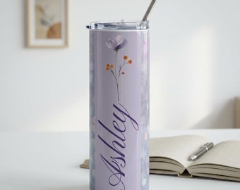 Anpassad lavendelblommig namnmugg | Personlig 59 cl resemugg i rostfritt stål | Mugg med skrivna namn | Present till henne